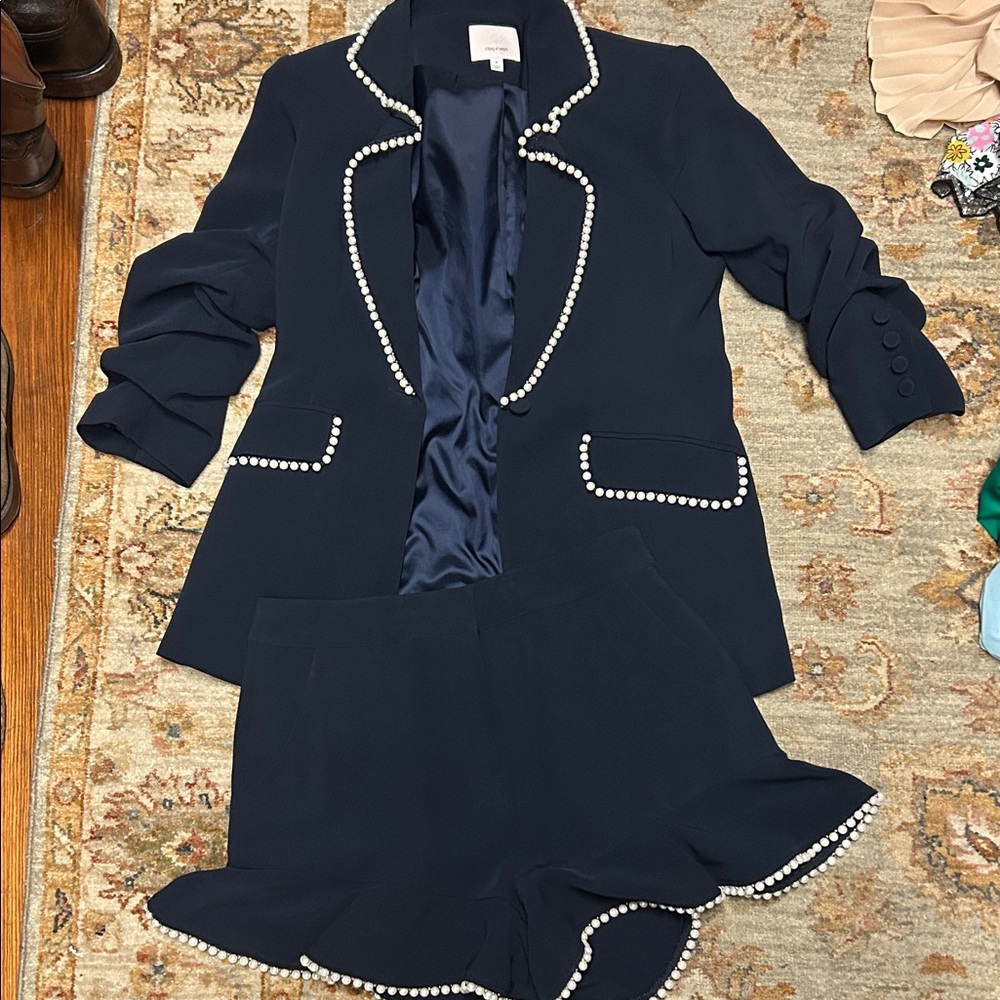 Cinq à Sept Navy Skirt Set with White Trim